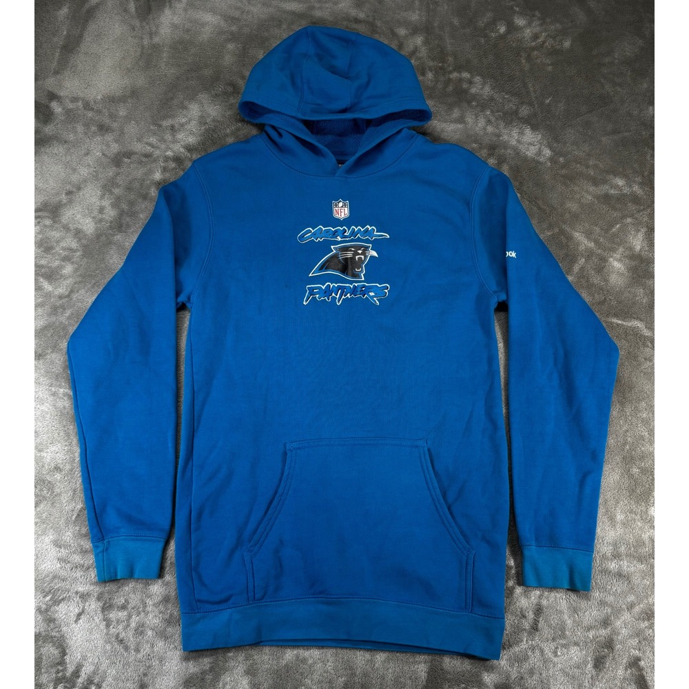 VTG Reebok Hoodie Mens M Long Blue Carolina Panthers NFL Onfield Pullover Fleece